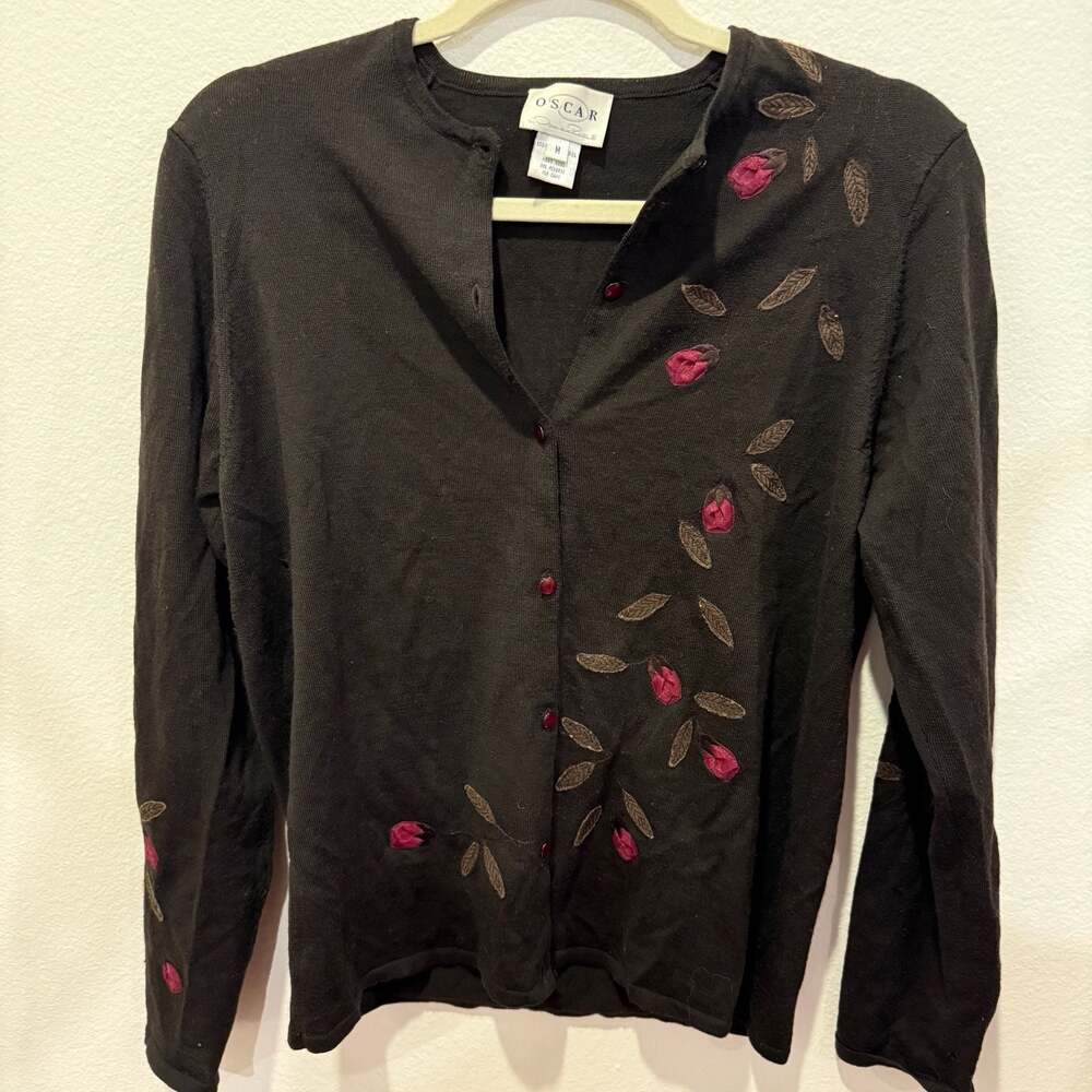 Oscar de la Renta Womens M Black Merino Wool Floral Embroidered Cardigan